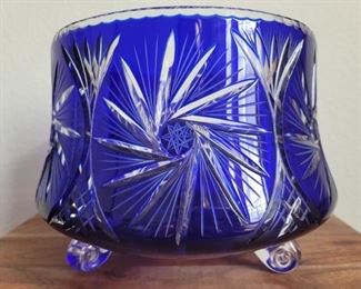 Cobalt Cut to Clear Crystal Footed Bowl by Avitra
