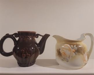 (2) Pitchers: Hand Painted Pitcher from Germany, & Brown ceramic pitcher from Russia
