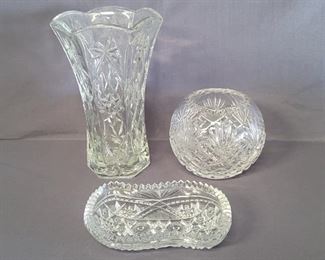 (3) Cut Crystal Vase, Rose Bowl, & Oblong Dish