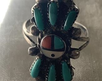 Vtg Zuni Sterling Silver and Inlaid Turquoise