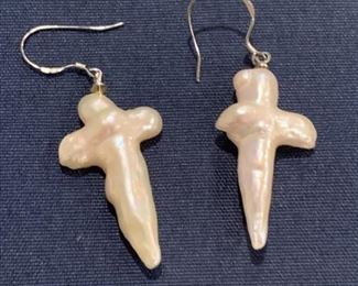 Sterling Silver & Pearl Cross Dangle Earrings