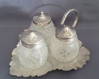 Vintage Cut Glass Salt Pepper & Sugar Set on Silver-Tone Tray