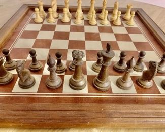 Vintage Carved Wooden Chess Pieces w/ Chess Board