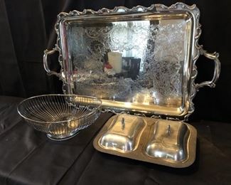 (3) Silver Plate Serving Pieces, Large Platter, Wire Basket, and Double Covered Serving Dish