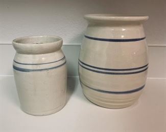 (2) Blue and Cream Pottery Crocks