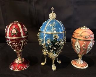 (3) Romanov-Style Collectible Enamel Eggs                        Set includes The Russian Rossette Rose on the left and the Royal French on the right

