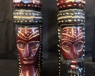 Pair Hand Carved Wooden Face Statues