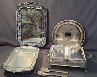 Silver Plate Serving Pieces & 2 Fire King Inserts