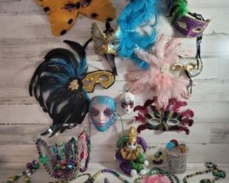 Mardi Gras Lot: Decorative & Real Masks & Beads, Clown Doll & Coins
