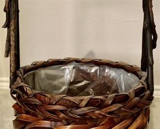 Woven Basket Planter w/ Bent Wood Tree Limb Handle
