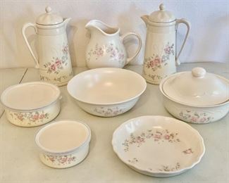 (11) Pfaltzgraff 'Tea Rose' Carafes, Pitcher, Pie Plate, and Serving Bowl, Lidded Casserole, & 2 Lidded Food Saver Bowls
