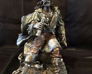 Bronze Pirate on Lookout Hand Sculpted Statue Depicts a Peg Leg Pirate Guarding a Treasure Chest
Made from Cold Cast Bronze by Veronese Design
9.5in tall