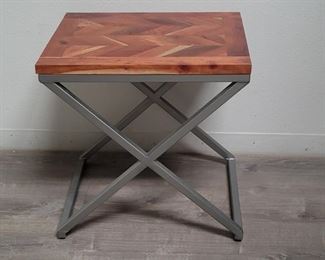 End Table w/ Metal Base and Herringbone Wooden Top