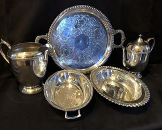 5) Silver Plate Serving Lot: Pitcher, Platter, Coffee Pot, & 2 Bowls
