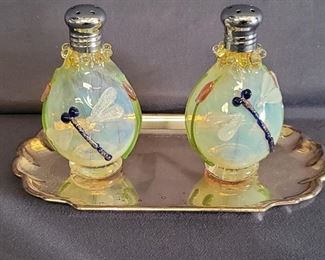 Dragonfly Glass Salt & Pepper Shakers with Silver-Tone Tray