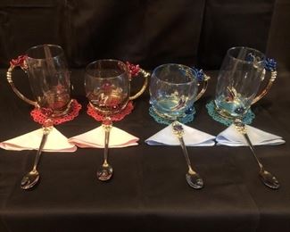 4-Glass Mugs with Enameled Roses-4 Matching Spoons, 4-Doilies and 4-Napkins