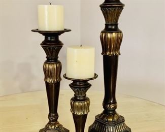 (3) Antique Brass-Tone Pillar Candle Holders