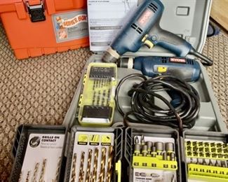 2-Ryobi 3/8in Corded Drills, Drill Bits & Tool Box