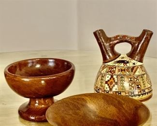 2-Wooden Bowls & 1-Hopi Wedding Vase Pottery