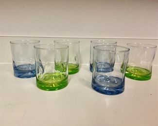 (6) Bar Glasses: 3-Green Bottom & 3-Blue Bottom