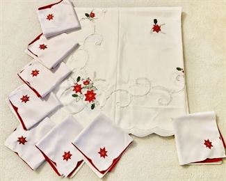 White Satin Finish Holiday Poinsettia Table Linens
