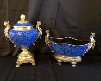 French Urn and Bowl of Resin and Gold Leaf Finish with Double Maiden Handles (Reproductions)
