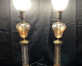Pair of Vintage Etched Glass and Brass Torchiere Lamps