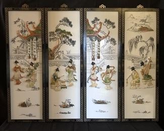 4 White Panel Carved and Hand Painted Asian Panels