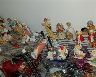 ceramic nativity scene and lots Christmas decorations & supplies