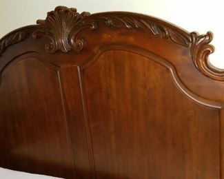 Queen bed, headboard, footboard and wooden side rails.  Aerobed memory foam mattress topper