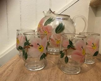 Mid century hand painted pitcher and glasses
