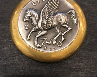 sterling silver Greek paperweight set in brass 2 1/2" diameter