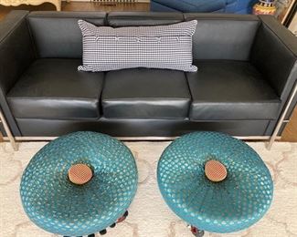 Corbusier Style Sofa w Pair of Makenzie Ottomans