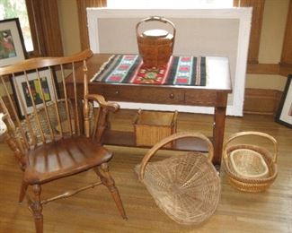 Empire style library table; armed Windsor chair; assorted baskets; Swedish, handwoven textile with Chinese lidded box