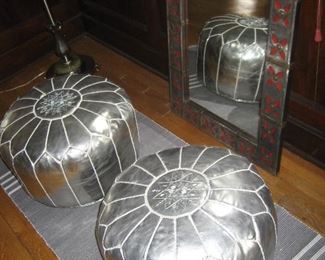 2 silver ottomans, mirror