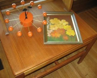 Herman Miller, orange, ball clock; Mid-Century Modern side table