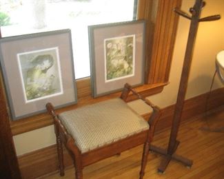 Bench, 2 framed illustrations from Alice in Wonderland book