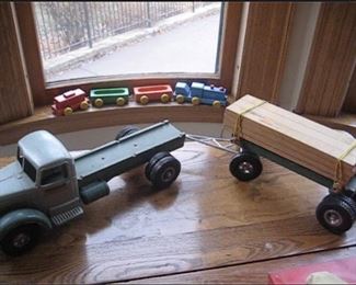 Smith Miller Bank of America lumber hauler, antique, wooden pull train