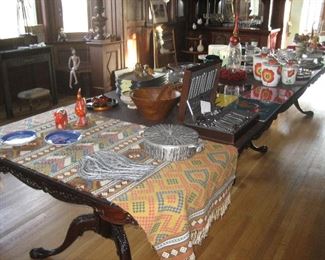 Antique, Swedish textile and assortment of pewter and ceramic tableware