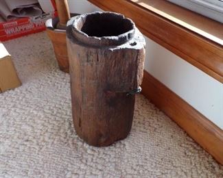 wood grease container, leather strap has worn off