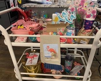 Tea cart and Flamingo items