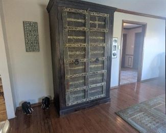 ITEM # 10 - Antique Old Door Wood Accent Armoire/Cabinet. Dimensions: Dimensions 7 ft x 4 ft x 2ft deep. Asking Price $600