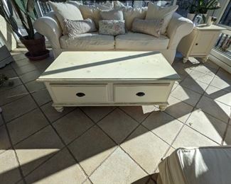 ITEM # 17 Farmhouse Coffee Table and Matching Side Table with Storage. Dimensions: Coffee Table 46" L x 23.5" W x 17.5" H. Side Table 24" L x 37" H x 18" W. Asking Price $175