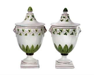 Pair of Italian Cantagalli Lidded Ceramic Urns