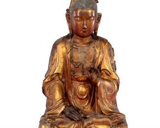 Chinese 18th C. Parcel Gilt Carved Wood Buddha