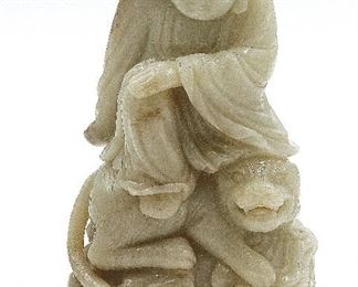 Chinese 20th C.   Carved Nephrite Jade of a Lohan on the back of a Tiger