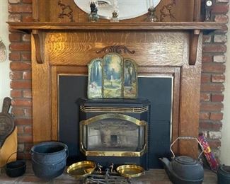 mantel, cast iron pots, vintage scale, vintage oil lamps