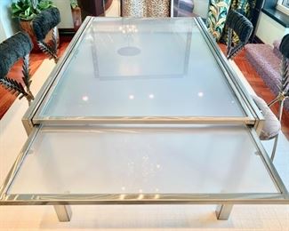 32. Custom Dining Table w/ Frosted Glass Top on Brushed Nickel Base (60" x 40" x 30") (extends to 60")