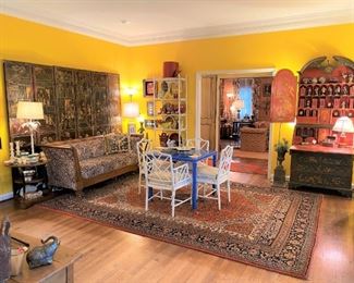 THE PICTURES SAY IT ALL! Antique Chinoiserie secretary, blue patent leather game table, McGuire style chairs, Chinese screen, Zebra sofa, Oriental rug, Intaglio reliefs…amazing!