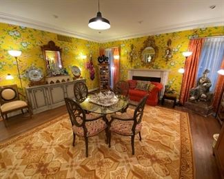 Pair Minton-Spidell side armchairs; MCM glass and brass DR table, (4) painted armchairs, custom orange-red sofa, gilt mirror, needlepoint rug, monumental antique Buddha, Swedish sideboard